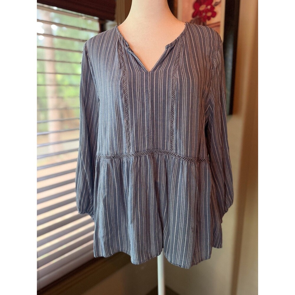 Boho Fever Women's Large Long Sleeves Top Round Split Neckline Stripe Tunic
